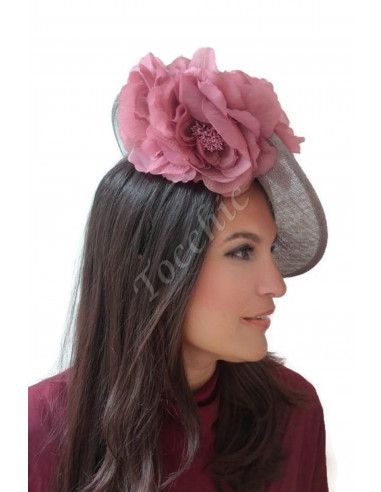 Tocado gris y rosa con flores - Pamelas y Tocados para madrinas - 3