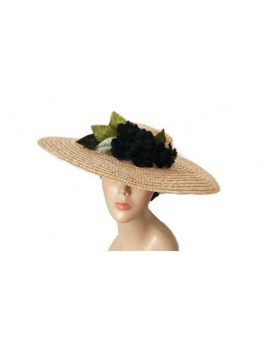 Pamela de paja con flores negras - Pamelas y Tocados para madrinas - 2