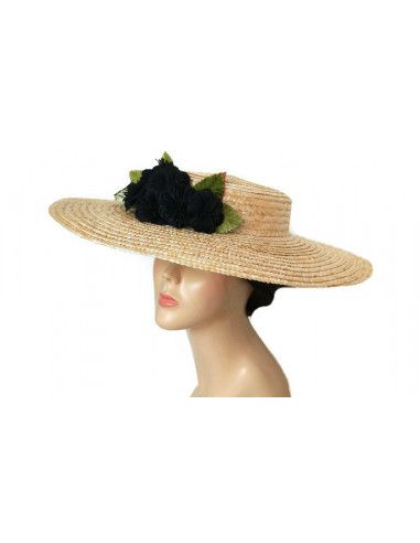 Straw hat with black flowers - Wedding hats for women - 4