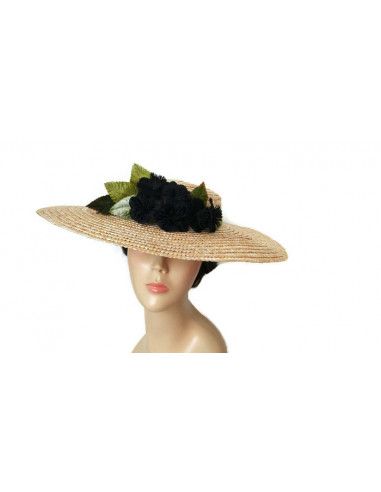 Straw hat with black flowers - Wedding hats for women - 5
