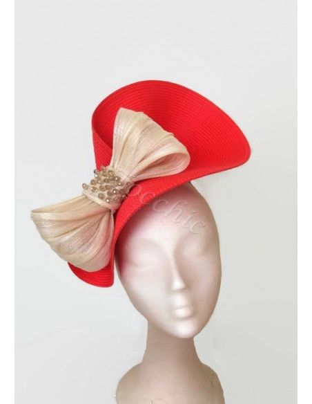 Tocado rojo y beige con lazo - Pamelas y Tocados para madrinas - 1