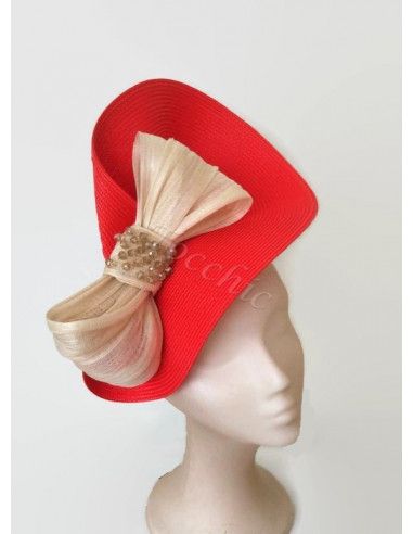 Tocado rojo y beige con lazo - Pamelas y Tocados para madrinas - 2