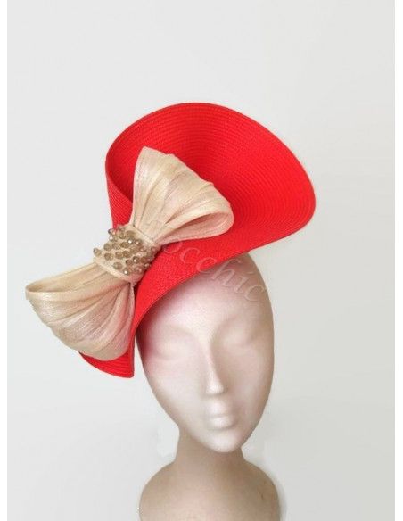 Tocado rojo y beige con lazo - Pamelas y Tocados para madrinas - 3