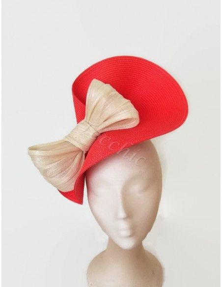 Tocado rojo y beige con lazo - Pamelas y Tocados para madrinas - 5