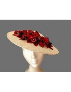 Beige and maroon hat with flowers - Wedding hats for women - 1 2