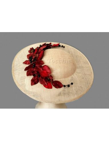Beige and maroon hat with flowers - Wedding hats for women - 3