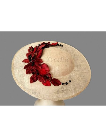 Pamela beige y granate con flores - Pamelas y Tocados para madrinas - 3 Pamela beige y granate con flores - Pamelas y Tocados para madrinas - 3