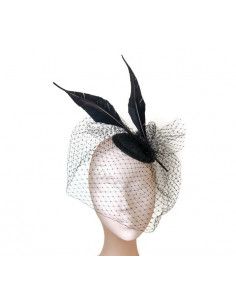 Tocado negro con velo y dos plumas - Tocados para bodas de noche - 1