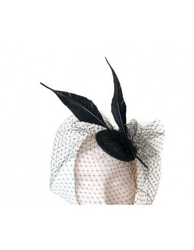 Tocado negro con velo y dos plumas - Tocados para bodas de noche - 2