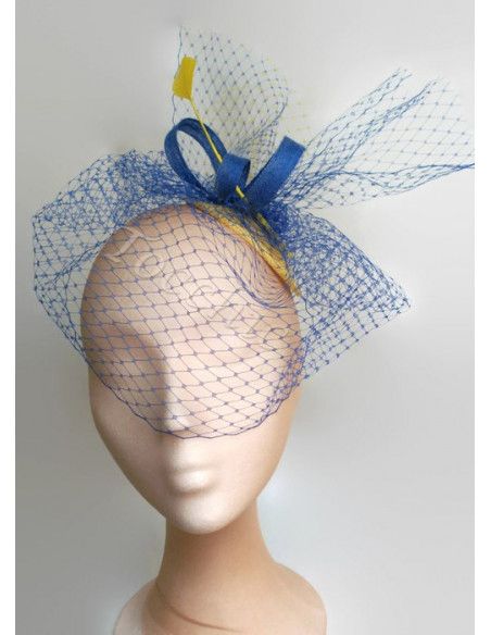 Tocado azul añil y amarillo con velo - Pamelas y Tocados para madrinas - 5