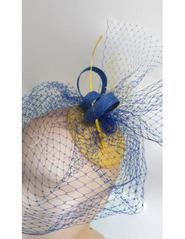 Tocado azul añil y amarillo con velo - Pamelas y Tocados para madrinas - 7