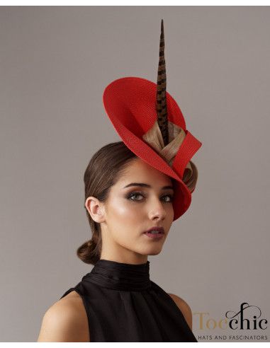 Woman Kentucky derby hat Red and Beige with feathers - Wedding hats for women - 4