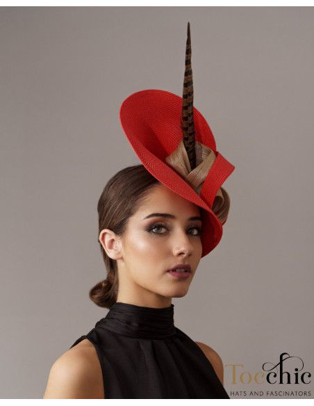 Woman Kentucky derby hat Red and Beige with feathers - Wedding hats for women - 4