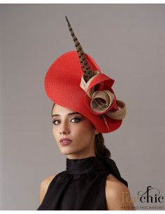 Woman Kentucky derby hat Red and Beige with feathers - Wedding hats for women - 1