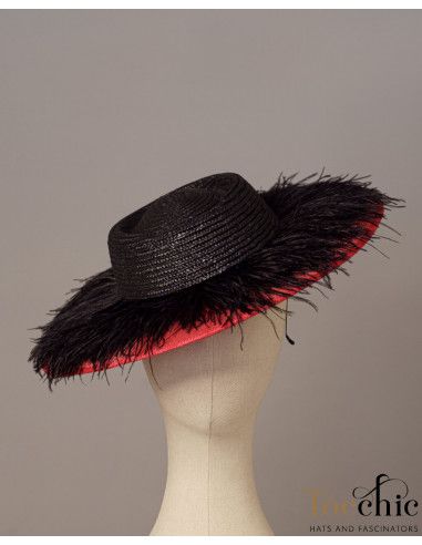 Sombrero de boda rojo y negro con plumas - Pamelas y Tocados para madrinas - 5