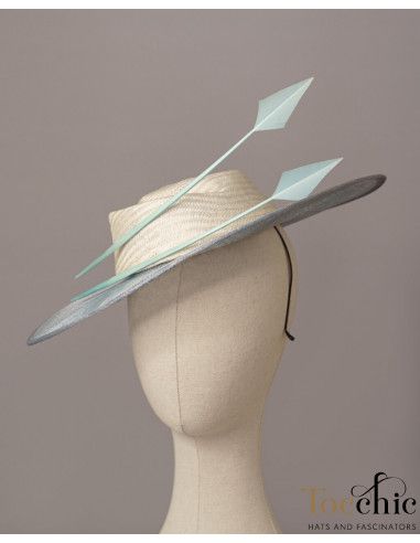 Elegant Light blue and ivory Royal Ascot hat for woman - Wedding hats for women - 5