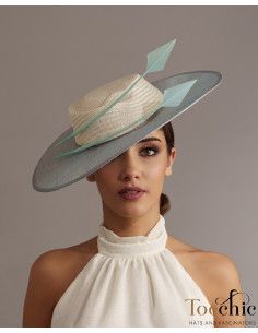 Elegant Light blue and ivory Royal Ascot hat for woman - Wedding hats for women - 1 2