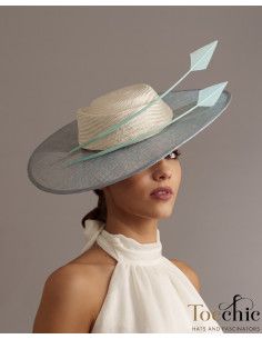 Elegant Light blue and ivory Royal Ascot hat for woman - Wedding hats for women - 1