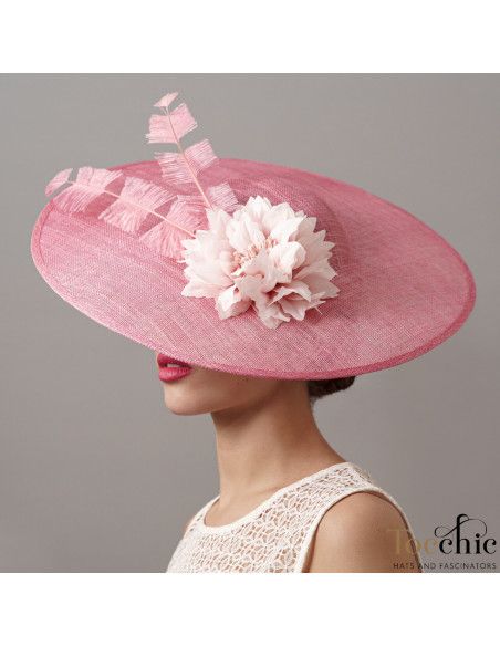 Elegante Pamela madrina de boda rosa con plumas - Pamelas y Tocados para madrinas - 1