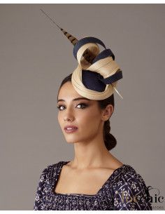 Elegant Woman beige and dark blue wedding hat - Wedding hats for women - 1 2