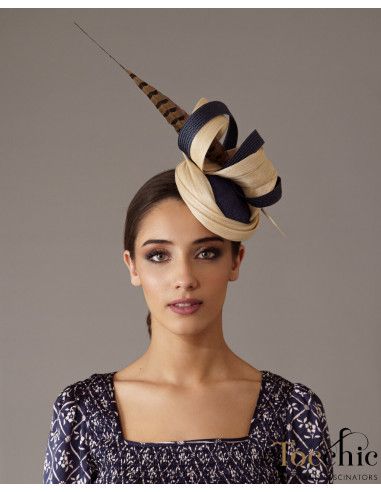 Elegant Woman beige and dark blue wedding hat - Wedding hats for women - 5