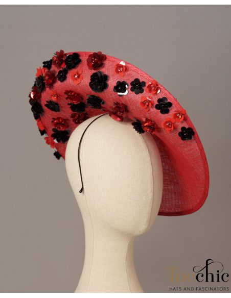 Elegant red hat with black flowers - Wedding hats for women - 3