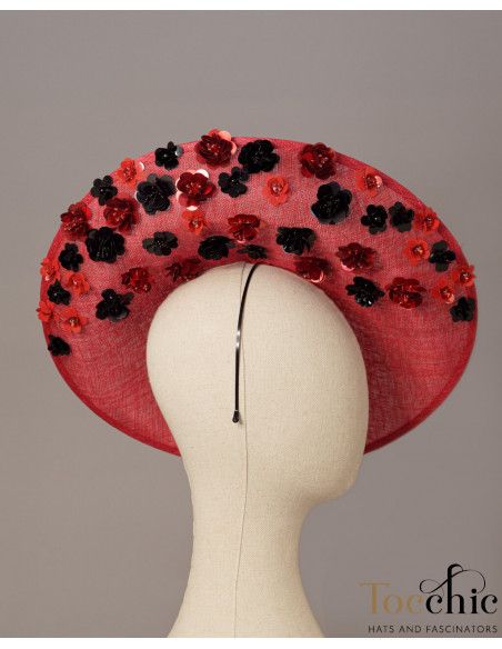 Elegant red hat with black flowers - Wedding hats for women - 4
