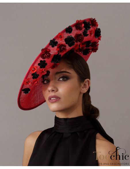 Elegante pamela roja con flores negras - Pamelas y Tocados para madrinas - 2 Elegante pamela roja con flores negras - Pamelas y Tocados para madrinas - 2