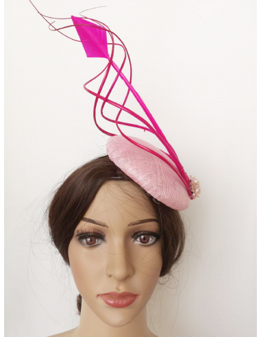 Tocado de boda rosa fucsia y rosa claro con plumas - Pamelas y Tocados para madrinas - 8