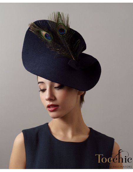 Felt Wedding guest hat Dark blue with peacock feathers - Shop - 5 Felt Wedding guest hat Dark blue with peacock feathers - Shop - 5