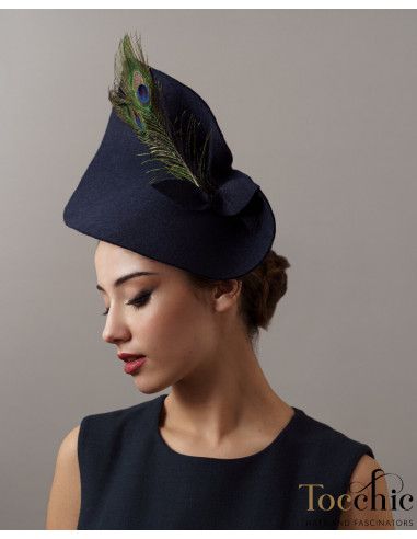 Sombrero azul marino de fieltro con plumas de pavo real para boda - Tienda - 3