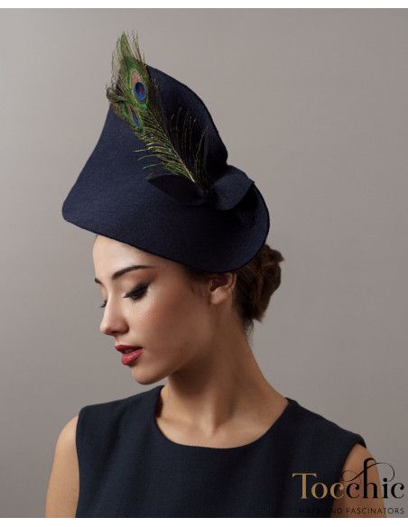 Felt Wedding guest hat Dark blue with peacock feathers - Shop - 3 Felt Wedding guest hat Dark blue with peacock feathers - Shop - 3