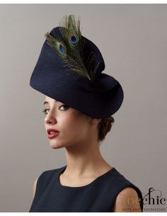 Felt Wedding guest hat Dark blue with peacock feathers - Shop - 1 2