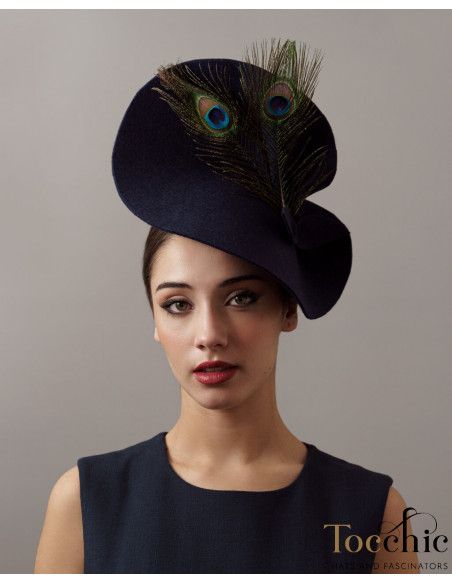Felt Wedding guest hat Dark blue with peacock feathers - Shop - 1