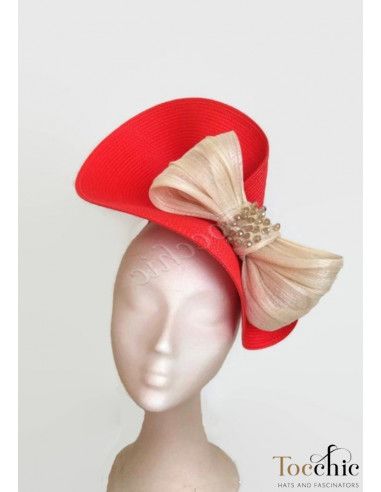 Tocado rojo y beige con lazo - Pamelas y Tocados para madrinas - 7