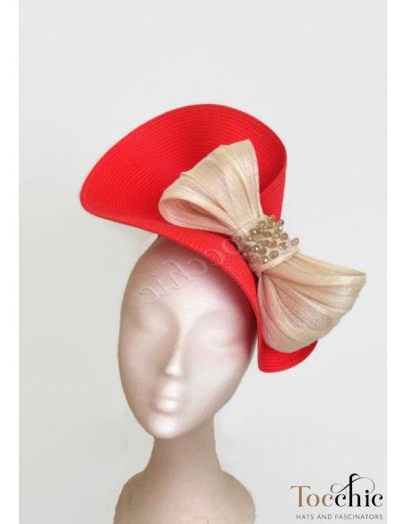 Red and beige fascinator with a bow - Wedding hats for women - 7