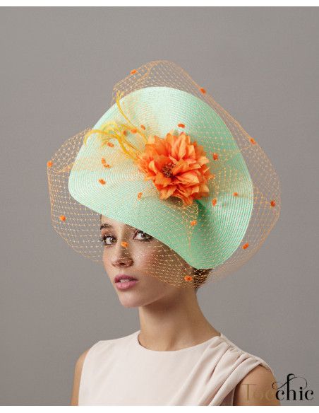 Aquamarine and orange veil hat - Wedding hats for women - 3 Aquamarine and orange veil hat - Wedding hats for women - 3
