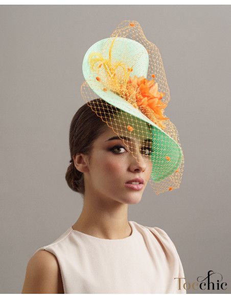 Aquamarine and orange veil hat - Wedding hats for women - 5 Aquamarine and orange veil hat - Wedding hats for women - 5