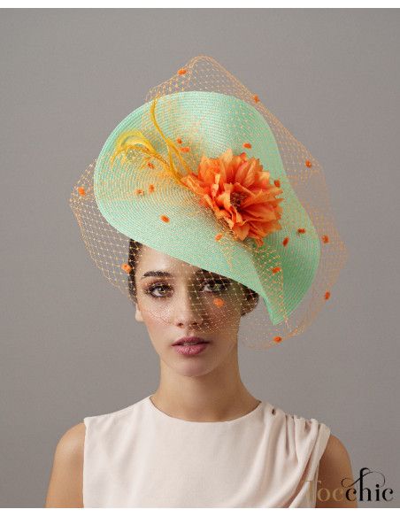 Aquamarine and orange veil hat - Wedding hats for women - 4 Aquamarine and orange veil hat - Wedding hats for women - 4