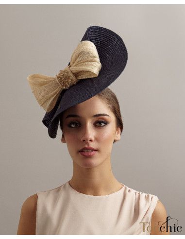 Sombrero de boda azul con lazo beige - Pamelas y Tocados para madrinas - 2