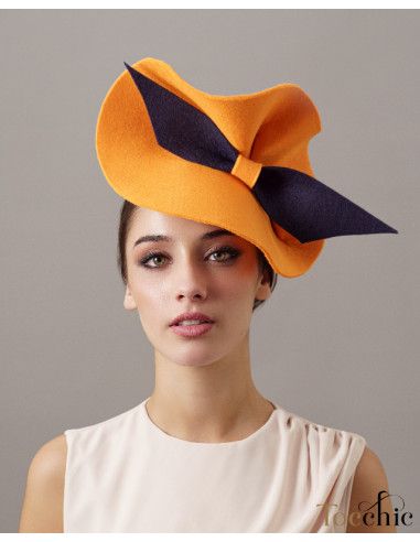 Felt mustard yellow hat with Navy blue bow - Wedding hats for women - 3