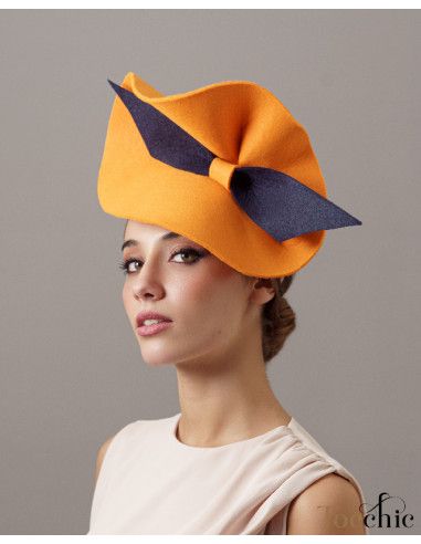 Felt mustard yellow hat with Navy blue bow - Wedding hats for women - 4
