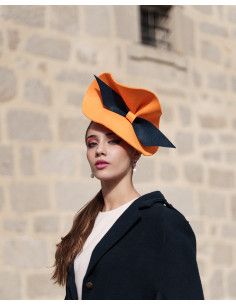 Felt mustard yellow hat with Navy blue bow - Wedding hats for women - 1