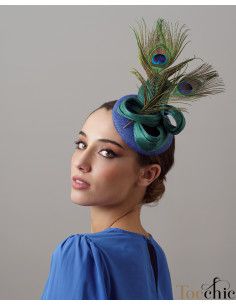 Woman wedding percher hat blue and green with feathers - Wedding hats for women - 1