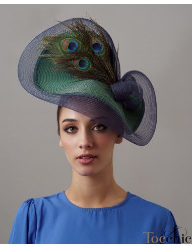 Tocado azul marino y verde con plumas de pavo real - Pamelas y Tocados para madrinas - 3