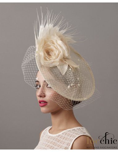 Sombrero marfil para mujer invitada boda con velo - Tocados para bodas de noche - 1