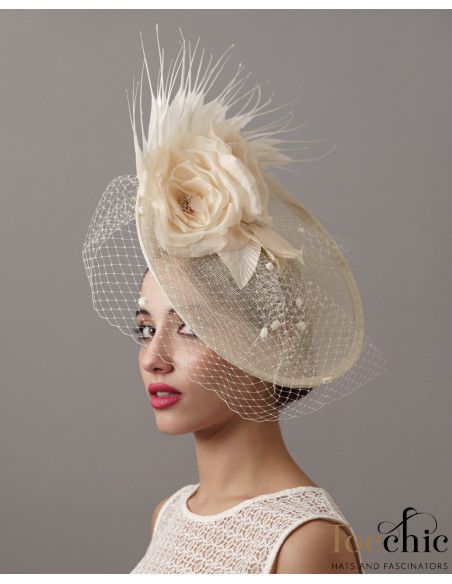 Sombrero marfil para mujer invitada boda con velo - Tocados para bodas de noche - 1