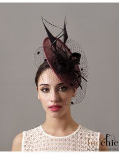 Tocado invitada de boda perfecta negro y granate con velo - Pamelas y Tocados para madrinas - 1 2
