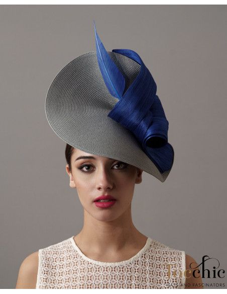 Grey and blue derby hat with feather - Wedding hats for women - 1