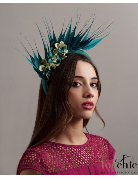 Bridesmaids feathers headband fascinator green sea - Cocktail hats for women - 1